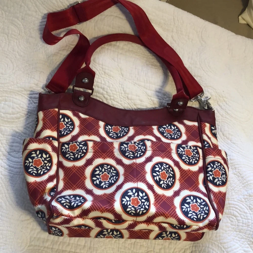Petunia Pickle Bottom Red and Brown Kids Diaper Bag with Fold-Out Changing Pad